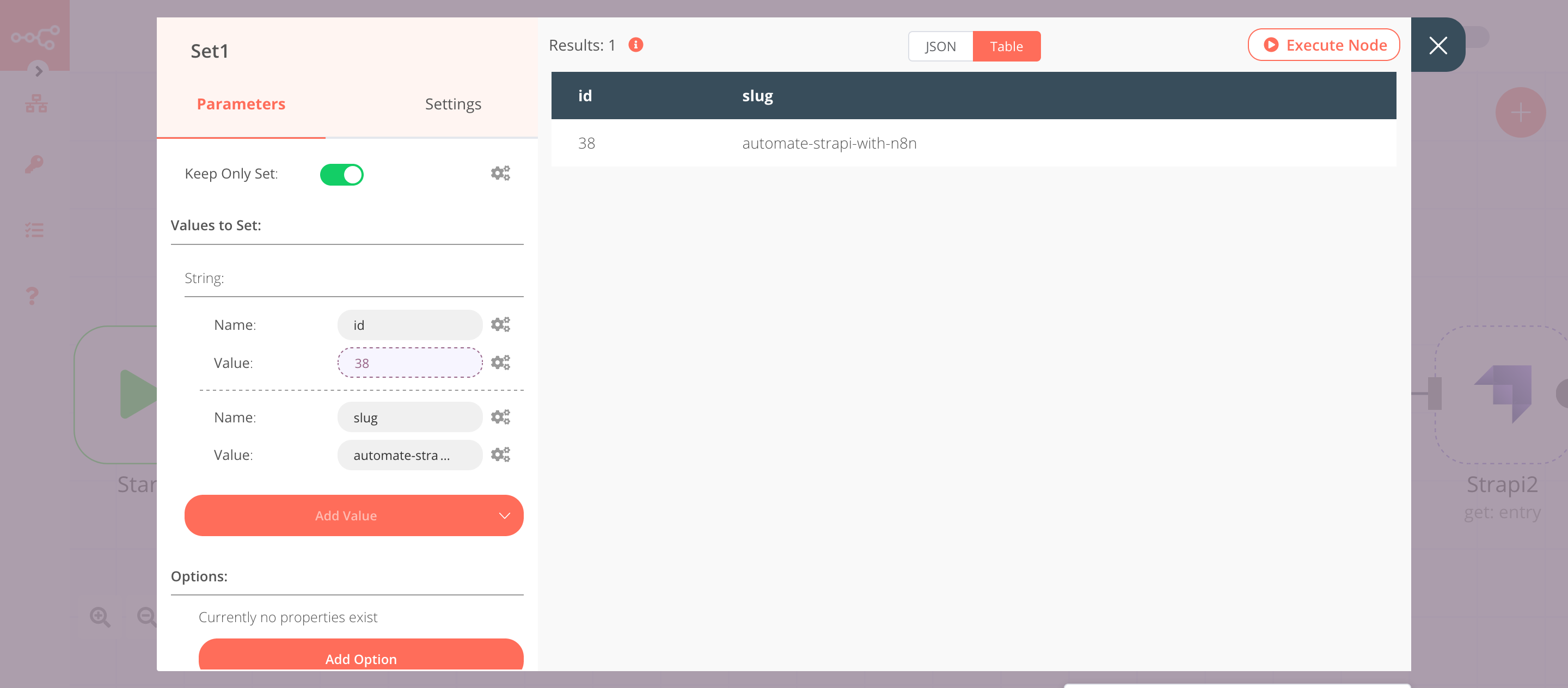 Using the Set node to set the values for id and slug