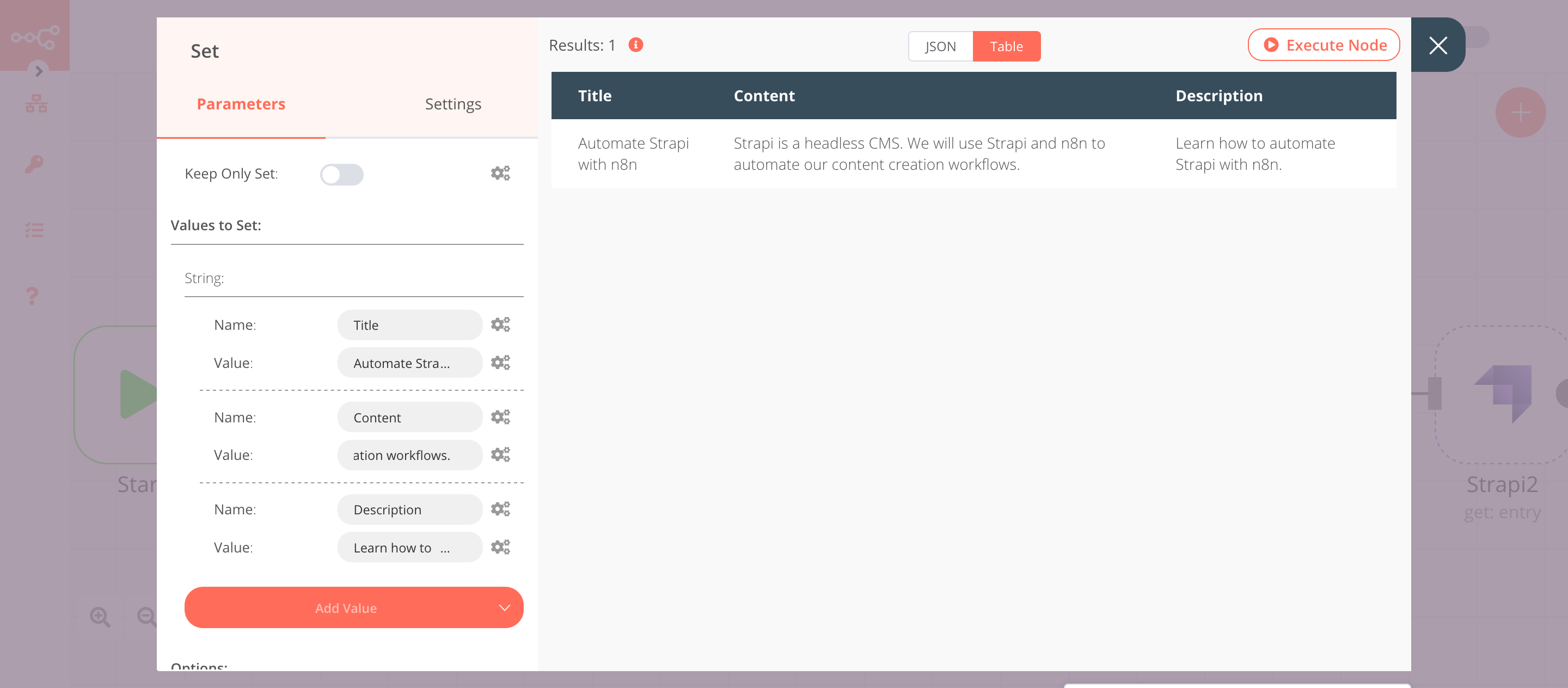 Using the Set node to set the data