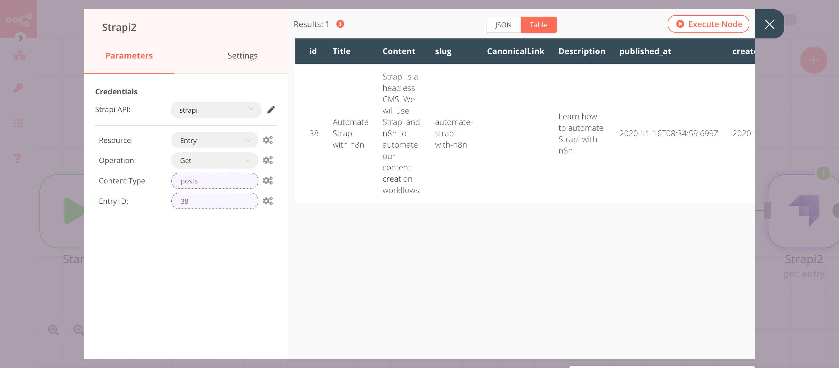 Using the Strapi node to get information of an entry