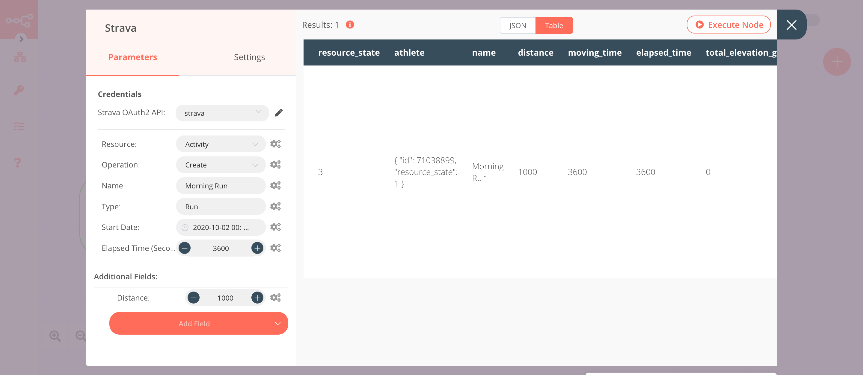 Using the Strava node to create an activity