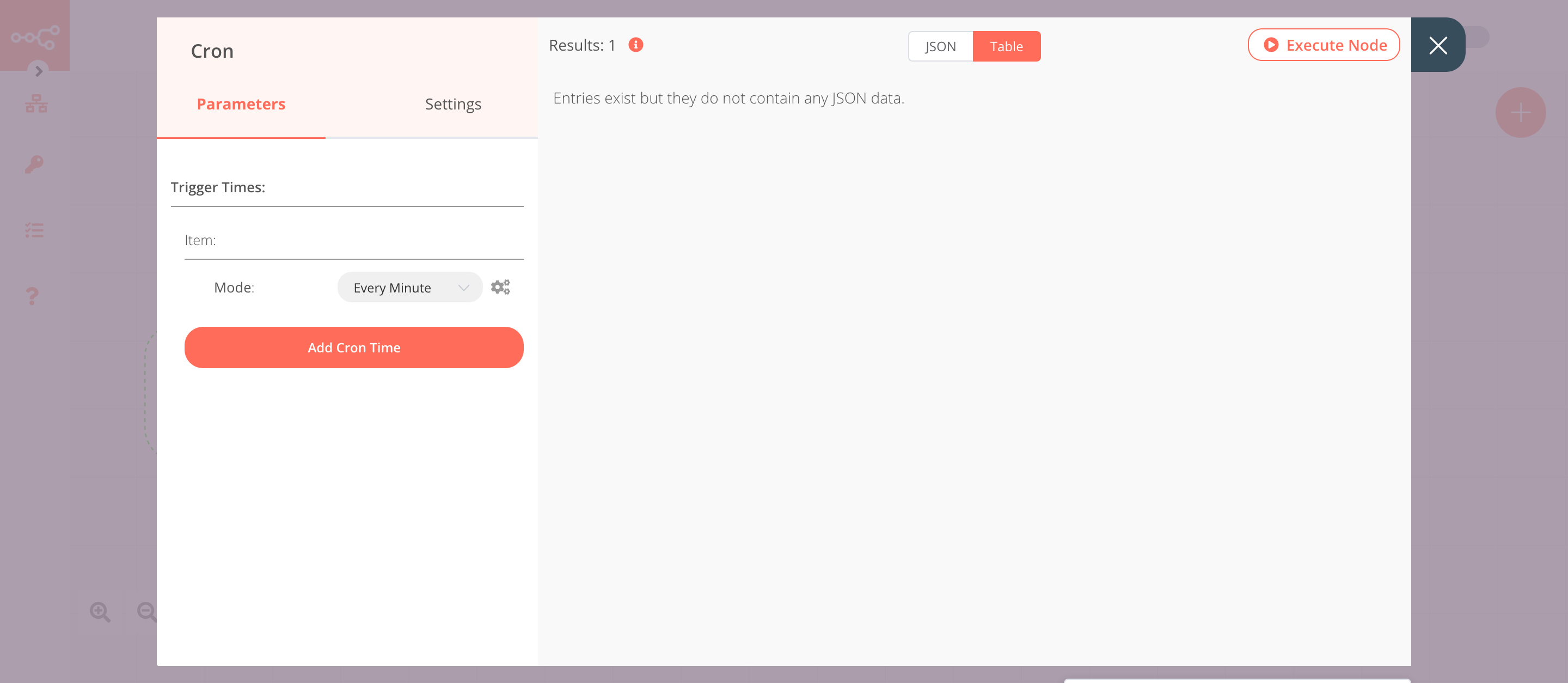 Using the Cron node to trigger the workflow every minute