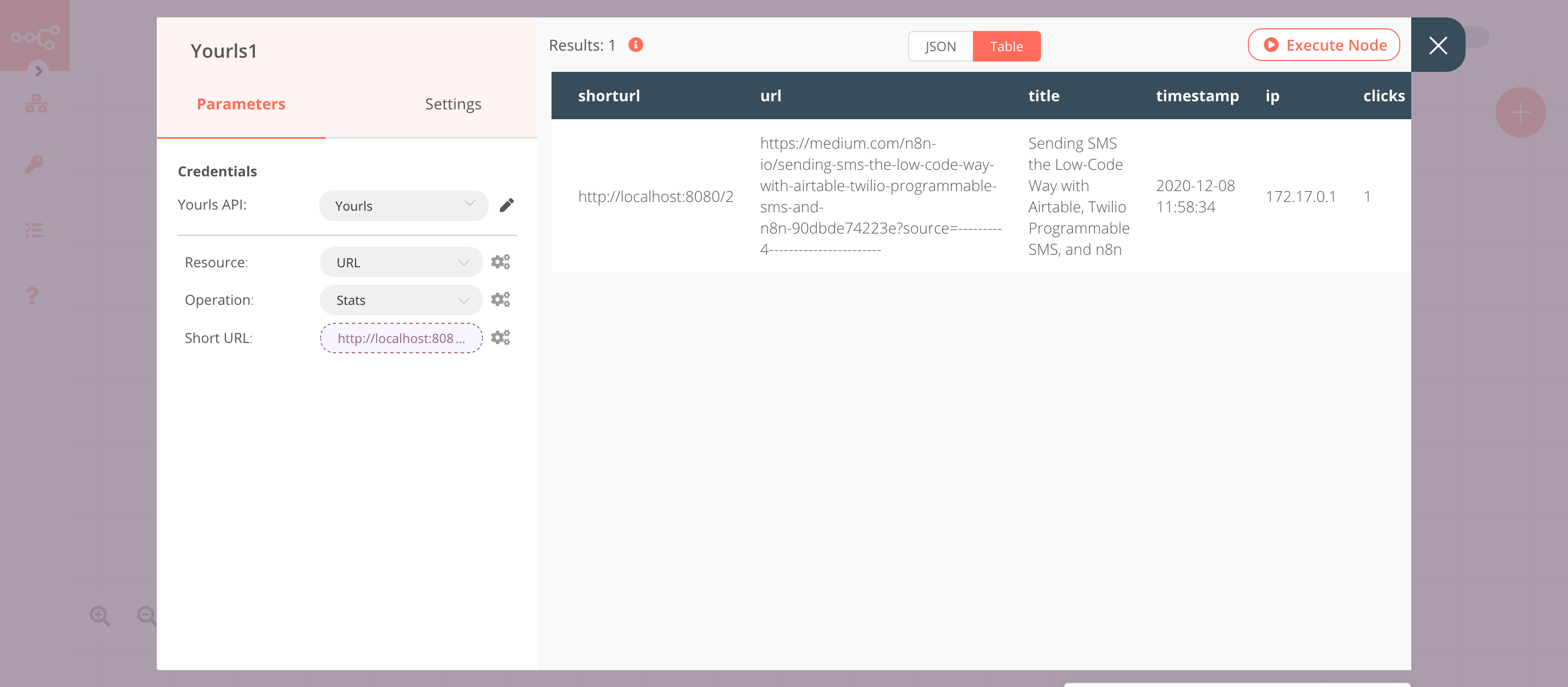 Using the Yourls node to get the statistics of a short URL