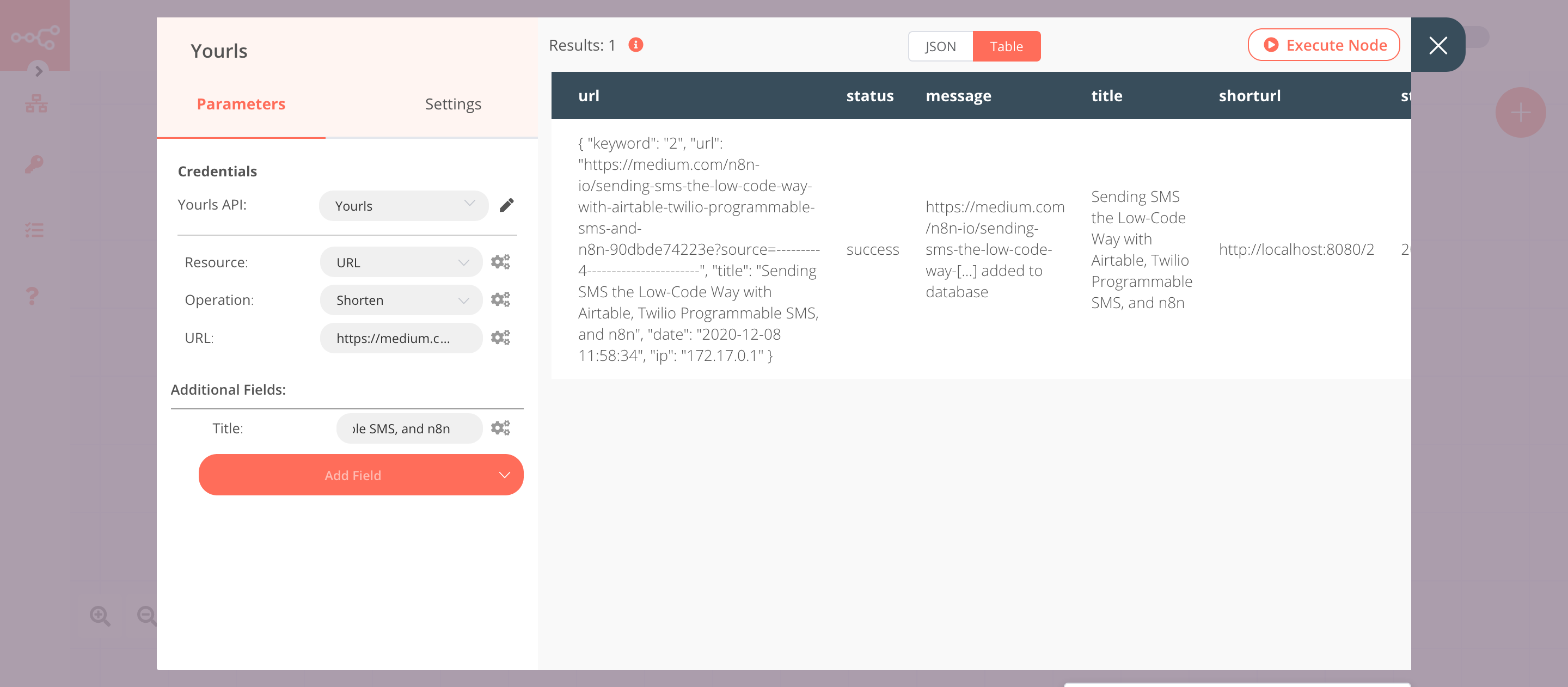 Using the Yourls node to create short URL