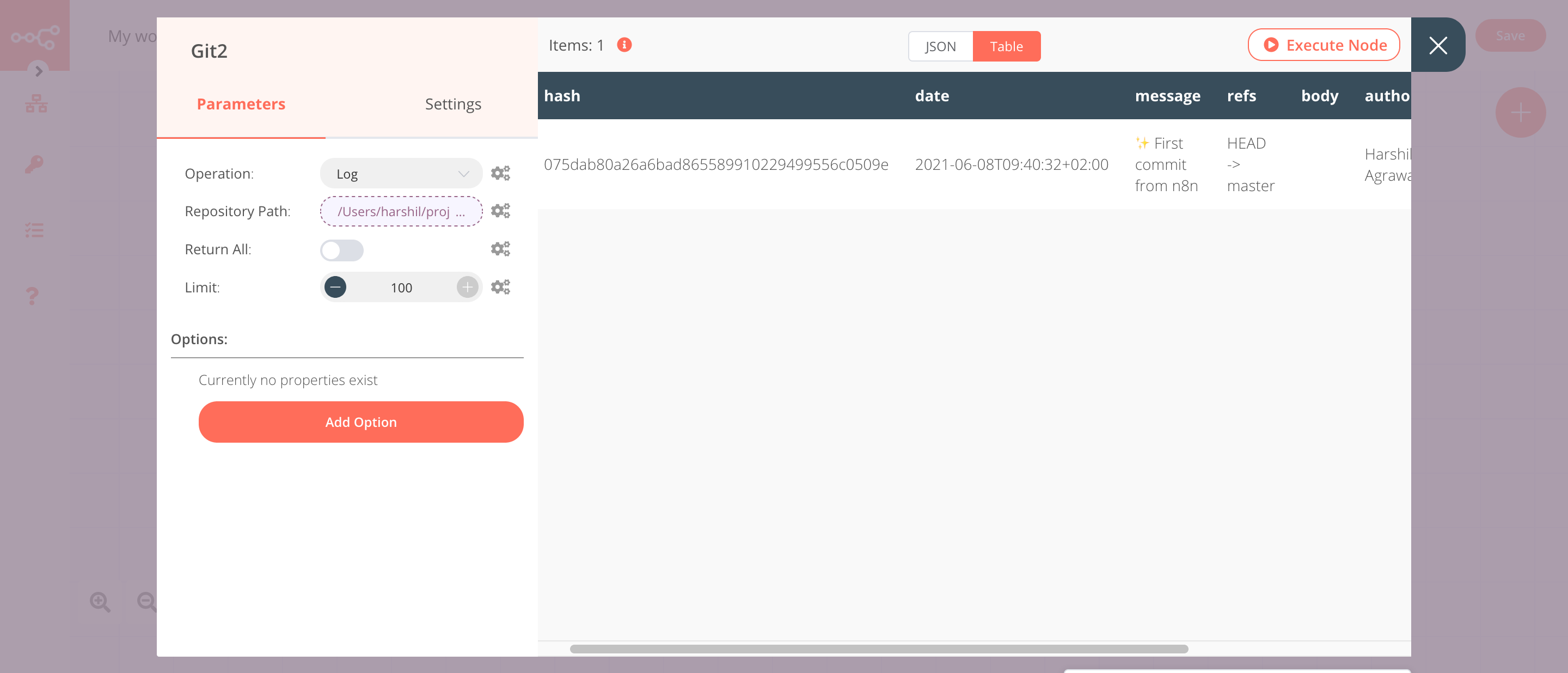 Using the Git node to log the commits