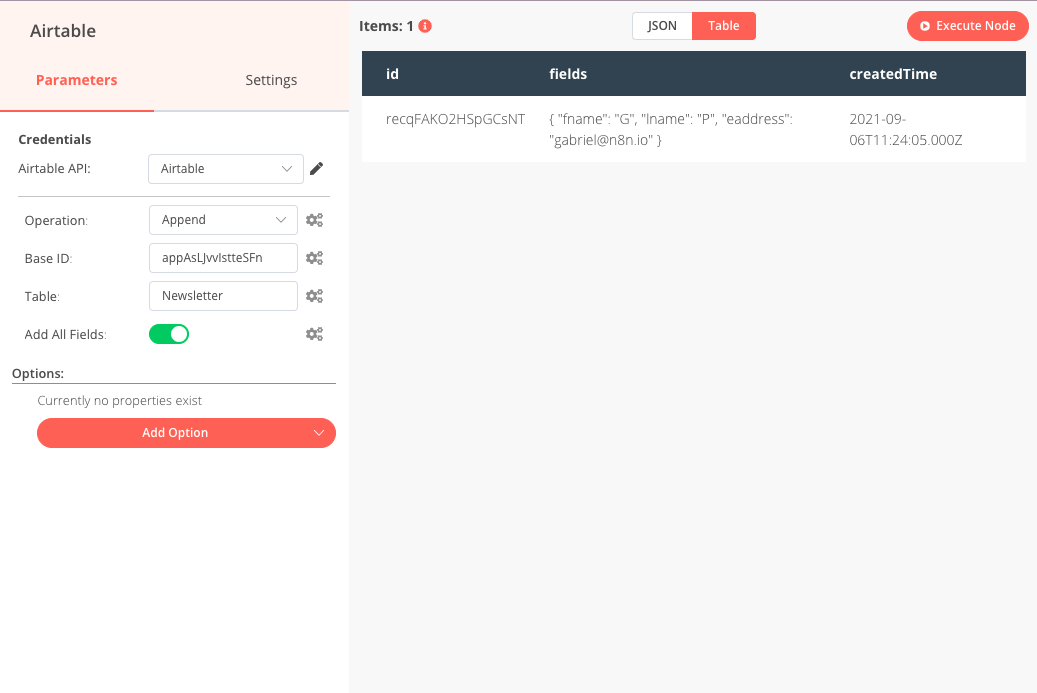 Airtable node configuration