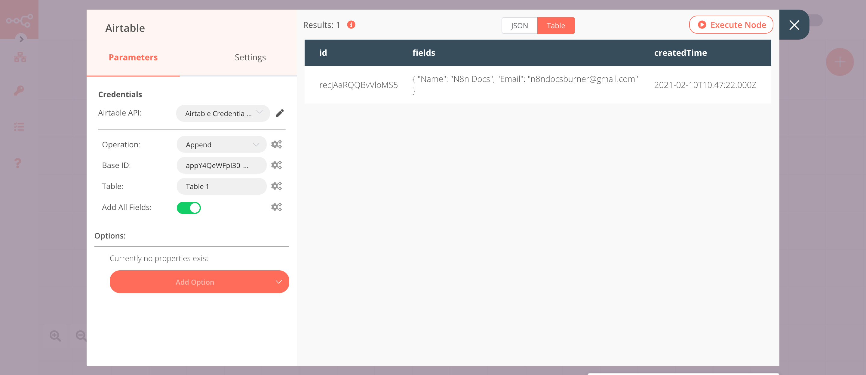 Using the Airtable node to append the information of a customer