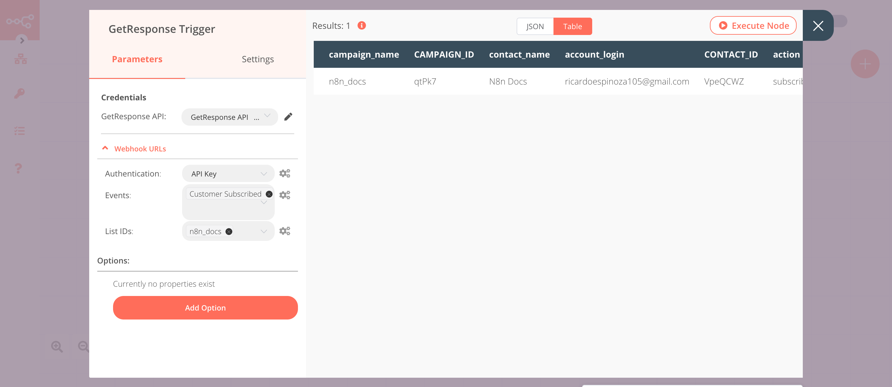 Using the GetResponse Trigger node to trigger the workflow