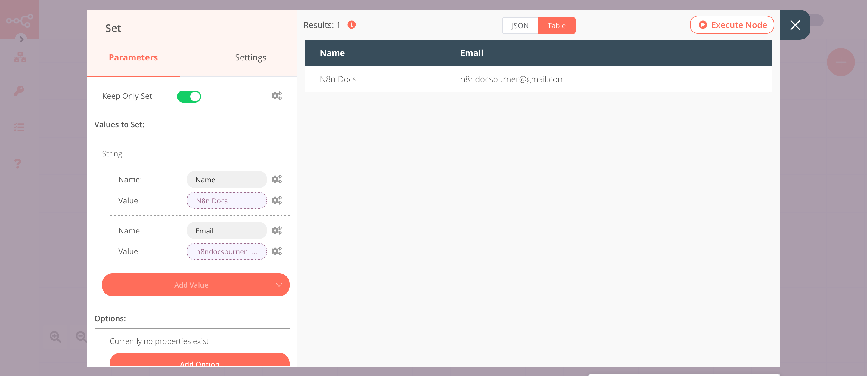 Using the Set node to set the data