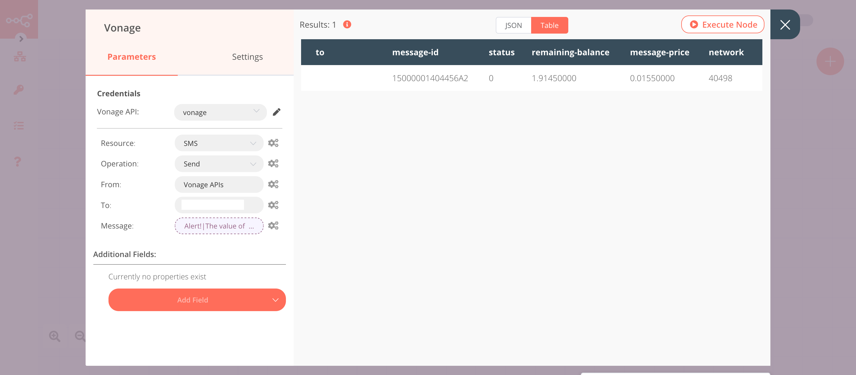 Using the Vonage node to send an SMS