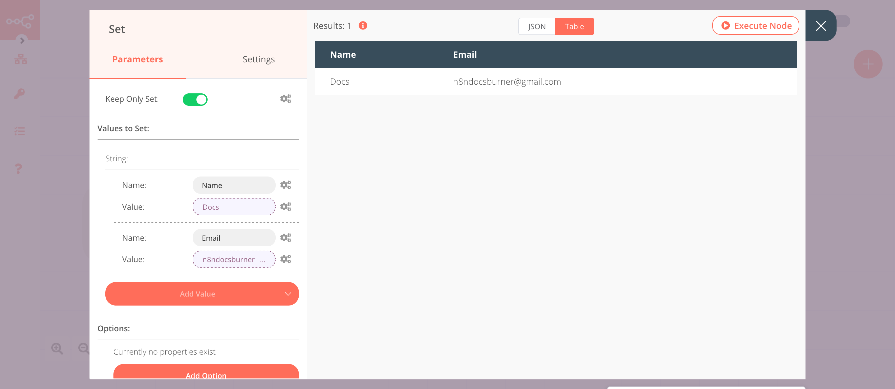 Using the Set node to set the data