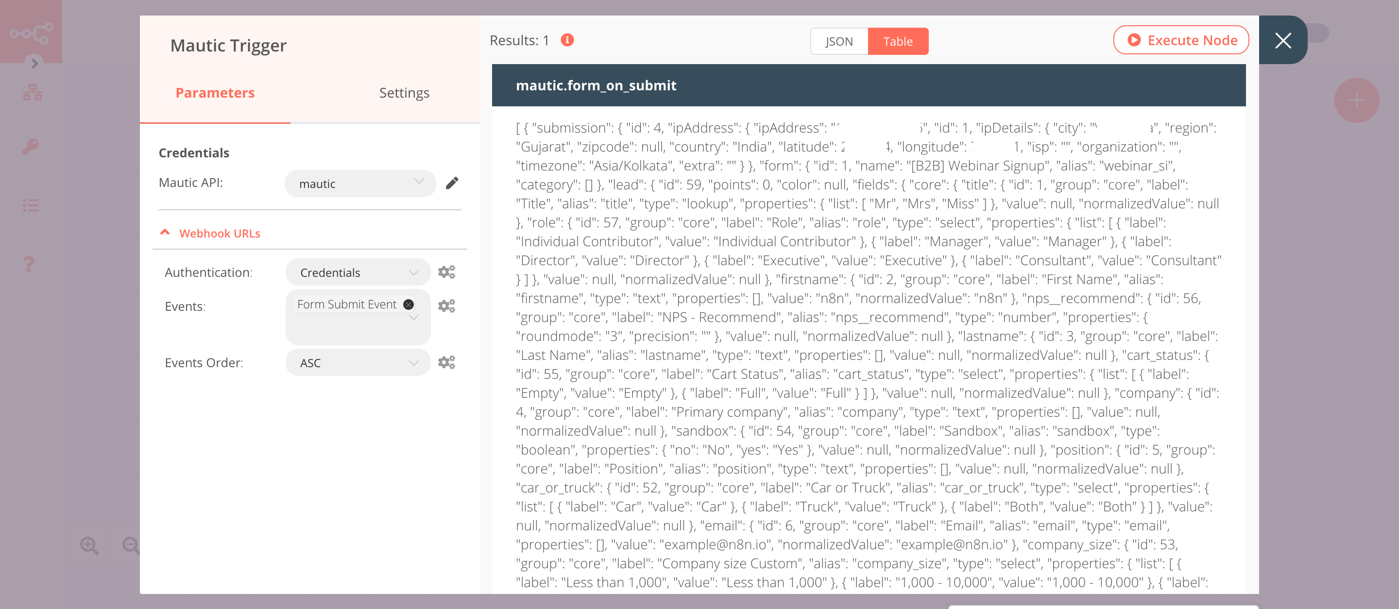 Using the Mautic Trigger node to trigger the workflow