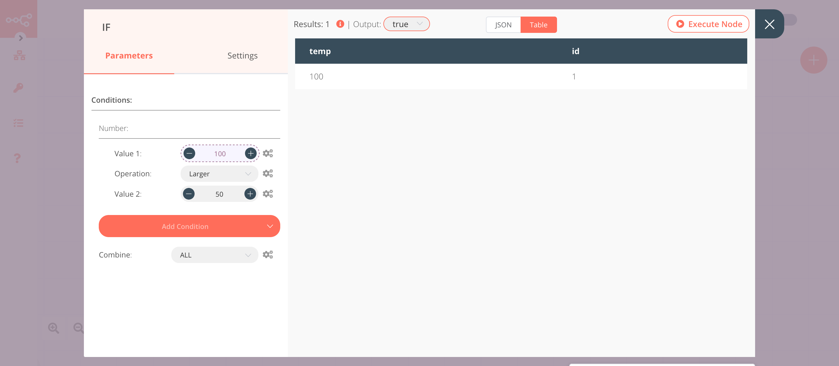 Using the IF node to check if the temp is larger than 50