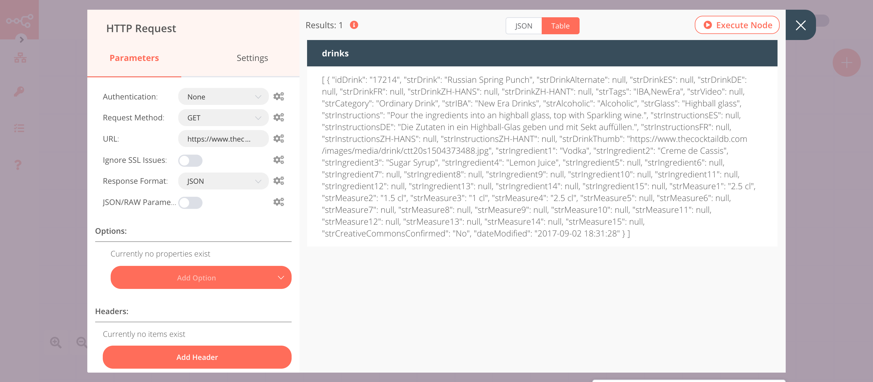 Using the HTTP Request node to get the information about a random cocktail