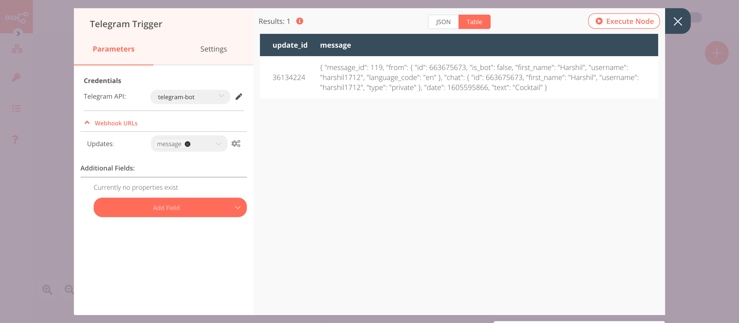 Using the Telegram Trigger node to trigger the workflow