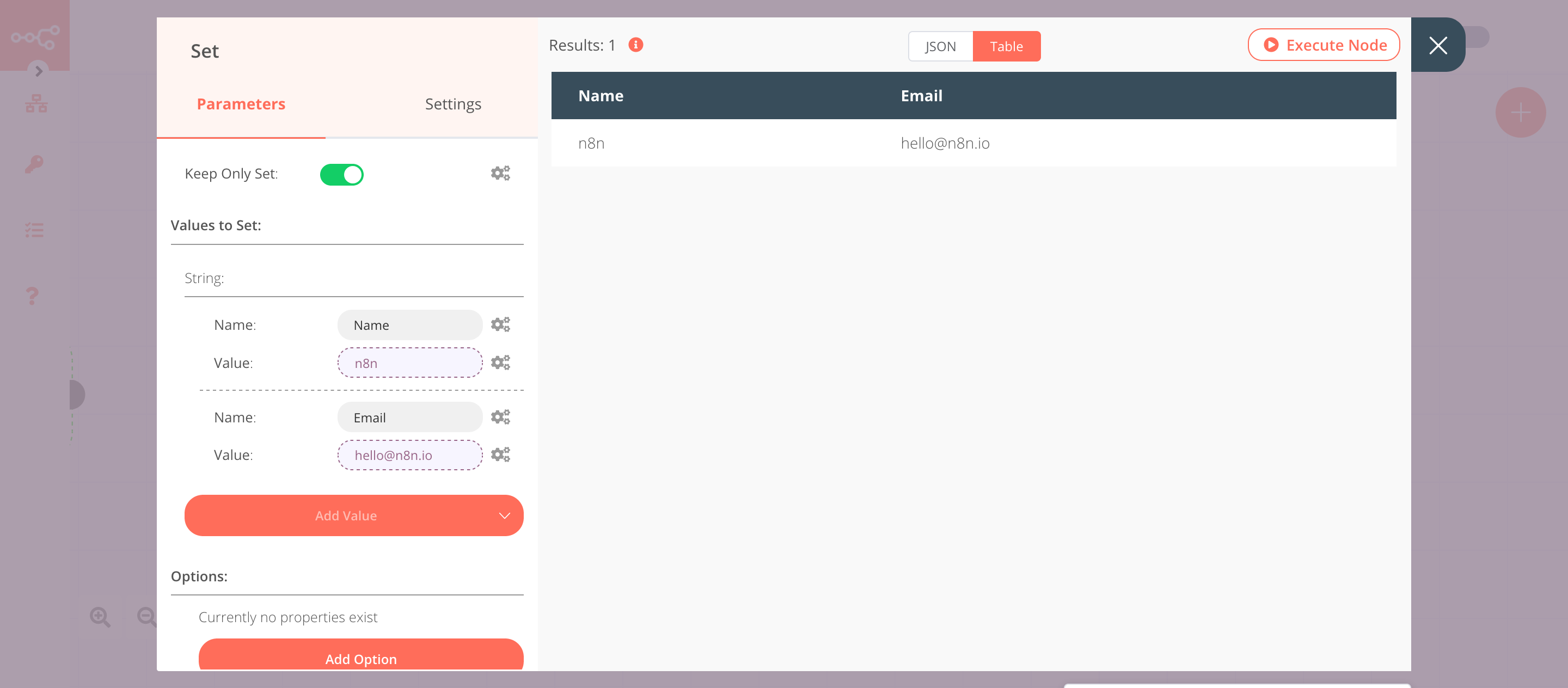 Using the Set node to set the values