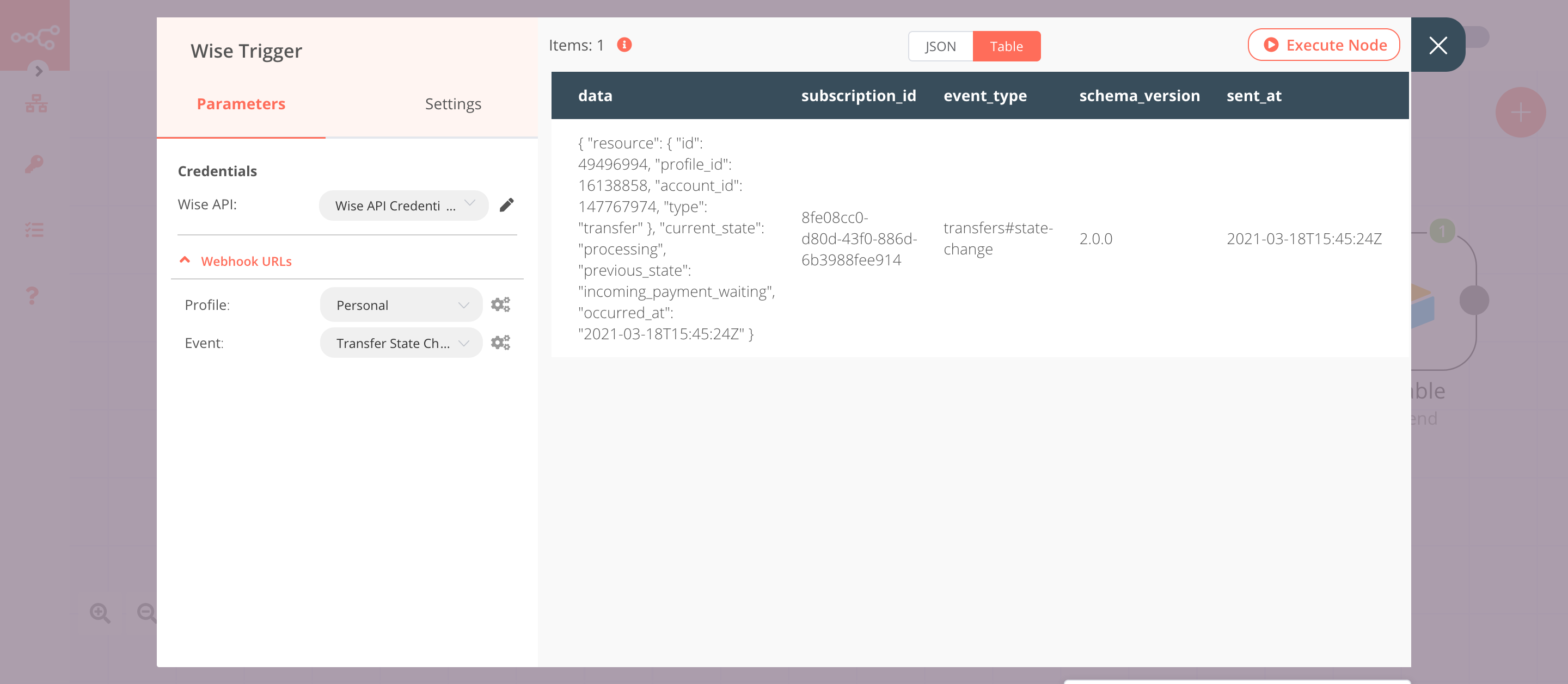 Using the Wise Trigger node to trigger the workflow