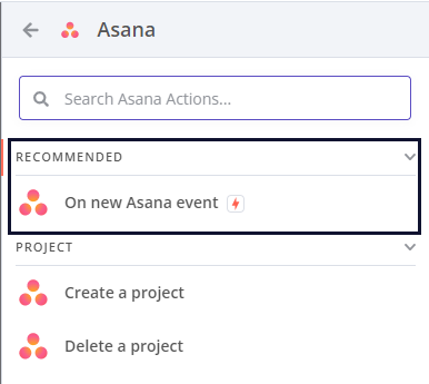 Screenshot of the Asana node operations list, showing the Recommended section at the top of the list